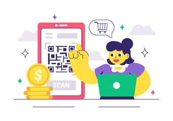 Mobile Payment Vector Illustration featuring Smartphone QR Code Scanning and Smart Wallet Transactions via Credit and Debit Card Applications