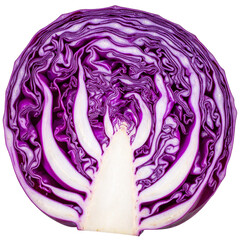 Vivid Cross-section of Red Cabbage Isolated On White Background: A stunning, close-up view of a halved red cabbage reveals its intricate layers and vibrant colors in crisp detail.