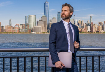 Businessman achieve success. Seeing opportunities. Business success. Successful businessman looking...