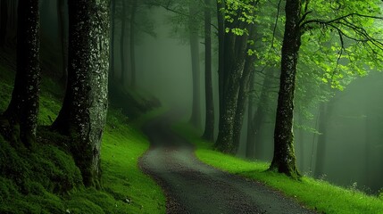 Naklejka premium A misty forest path winding through lush greenery.