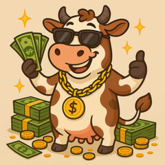cow mascot wearing sunglasses and gold chain with dollar sign surrounded by cash stacks and coins wealth finance money success illustration