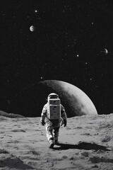Obraz premium Astronaut in vintage spacesuit walking gracefully on the moon under a dark cosmic sky with distant earth-like planet, stars, and surreal outer space scenery