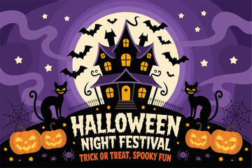 Halloween night festival poster, haunted house with bats pumpkins and cats, trick or treat party theme, spooky vector illustration