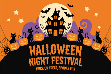 Halloween night festival banner, castle hill with pumpkins bats and cats, festive orange background, trick or treat event vector design