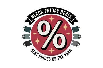 Black Friday savings badge, retro percent mark, ribbon banner, shopping cart icons, big sale vector