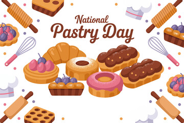 National pastry day celebration, dessert selection layout, donuts eclairs cakes muffins, bakery festival poster, food event design, vector artwork