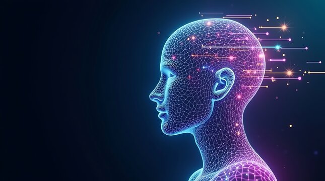 A digital representation of a human head with glowing lines emanating from the head area