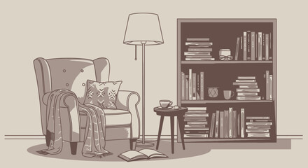Cozy Reading Nook Illustration Depicting a Comfortable Armchair, Bookshelf, and Warm Lighting, Ideal for Illustrating Relaxation, Home Decor, and Literary Concepts.