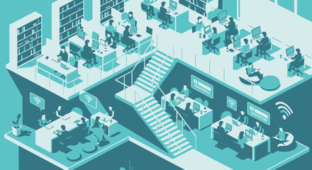 Isometric Illustration of a Modern Coworking Space Promoting Collaboration, Shared Resources, and Flexible Work Arrangements for Business and Creative Projects.