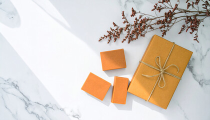 Minimalist Gift and Decor: A flat lay captures the essence of thoughtful gifting, featuring a perfectly wrapped present and minimalistic elements. This scene exudes understated elegance.