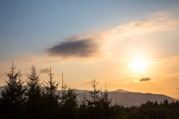 Obraz premium Sunset over mountains with silhouetted trees in the foreground during golden hour