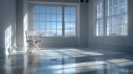 A bright, minimalist room with large windows, showcasing a single chair and reflecting natural light across a polished floor.