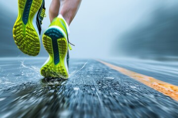 Dynamic shot of runner's feet in vibrant shoes splashing on a wet asphalt road, motion blur conveying speed and fitness.