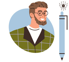 Portrait of a smiling man in glasses and checkered jacket paired with a blue pen and abstract eye design. Ideal for creativity, innovation, individuality, design thinking, learning, inspiration