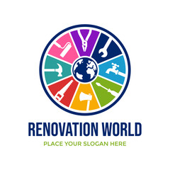 A vibrant, circular logo with a globe at its center, surrounded by tools and a house. Ideal for global home renovation or repair services.