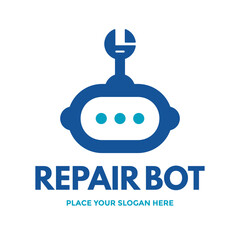 Fototapeta premium A futuristic logo of a robot head with a chat bubble, perfect for businesses providing AI-powered repair services, technical support, or IT solutions.