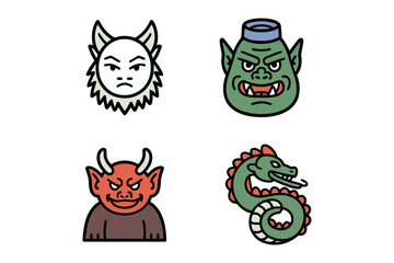 Japanese folklore icons, kitsune mask oni demon and dragon serpent, minimal bold style, cultural character set, vector illustration