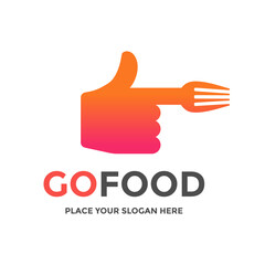 Modern and creative logo for food delivery services, restaurants, or culinary businesses. Features a thumb-up gesture combined with a fork, symbolizing quick and satisfying food experiences.