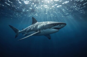 Fototapeta premium Great white shark swims, sunlit ocean, underwater, wildlife