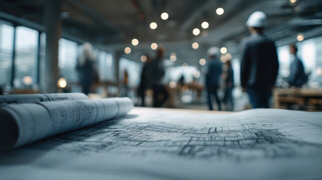 A blurred group of professionals in a modern workspace, focusing on architectural plans laid out on a table.