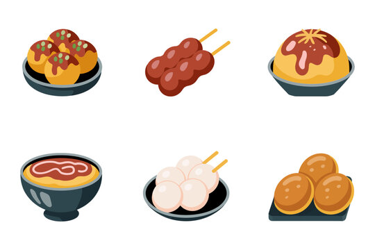 Japanese street food icon set takoyaki dango skewers sweet buns, flat editable vector, isolated on white