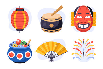Japanese festival icons, paper lantern taiko drum folding fans mask fireworks bowl, vector set for party decoration and print © BlackVault Designs