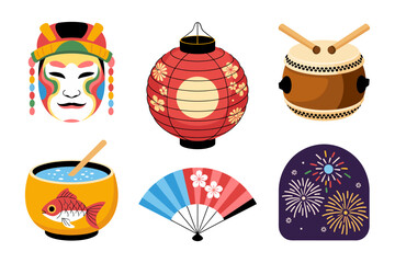 Matsuri celebration elements, masks lanterns taiko drum and fans, Japanese festival vector pack for invitations posters stickers and social content