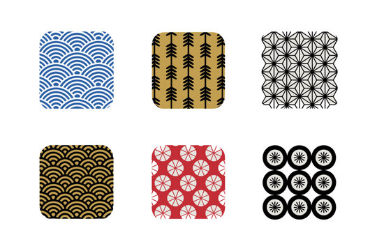 Traditional Japanese pattern tiles, seigaiha wave asanoha hemp kikkou tortoise shell, geometric repeat, vector swatches