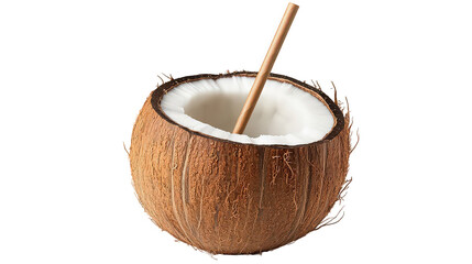 A close up of a coconut with a straw inside against a black background in a studio shot view