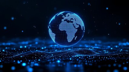 Futuristic glowing earth globe made of blue dots over particle field in dark background, symbolizing technology, data, and global connection