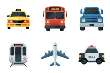 Transportation icon pack, taxi bus van and pickup, subway train front view, commercial airplane, clean vector collection for travel apps