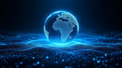 Futuristic glowing earth globe made of blue dots over particle field in dark background, symbolizing technology, data, and global connection