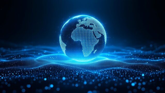 Futuristic glowing earth globe made of blue dots over particle field in dark background, symbolizing technology, data, and global connection - Powered by Adobe