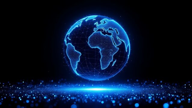 Futuristic glowing earth globe made of blue dots over particle field in dark background, symbolizing technology, data, and global connection
