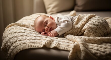 Serene Newborn Baby Sleeping Peacefully on a Cozy Knitted Blanket