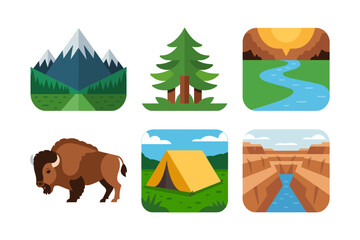 Wilderness icons pack, green mountains forest river valley, bison silhouette and camping tent, national park theme, vector illustration