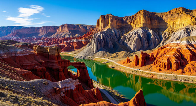 Colorful rock formations canyon with green river - Powered by Adobe