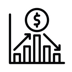 A bar chart with a dollar sign suggesting financial trends. Editable stroke icon. Vector illustration