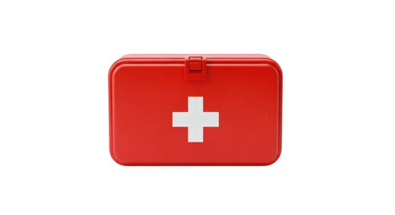 Fototapeta premium Isolated first aid kit, red background, medical emergency preparedness with white cross, health care.
