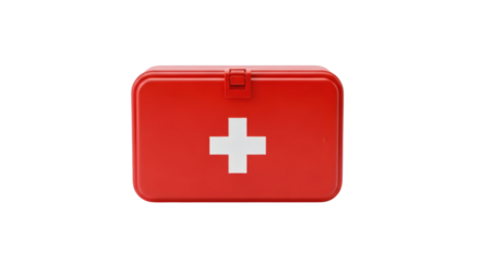 Isolated first aid kit, red background, medical emergency preparedness with white cross, health care.
