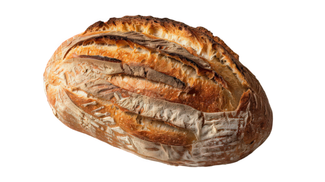 A loaf of crusty bread with scoring marks on a black background in a studio shot with good lighting