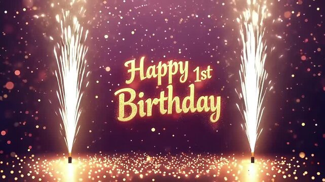 Happy 1st birthday celebration with glowing gold text, fireworks fountains, and festive motion on deep purple backdrop
