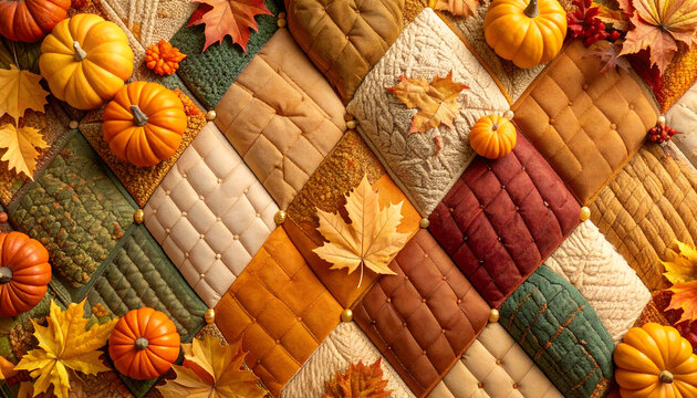 Autumn Quilted Patchwork with Pumpkins and Leaves - Powered by Adobe