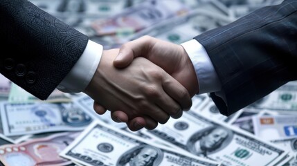 Business Handshake Over Cash Background: Financial Agreement and Partnership with Blurred Money