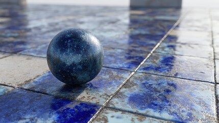 On the floor lies a blue-black round stone with an extremely detailed texture that highlights the stone's smooth and solid appearance in a simple setting.
