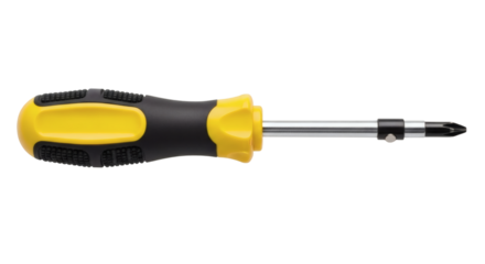 Isolated Phillips head screwdriver with rubberized grip ready for tightening screws against a black background.