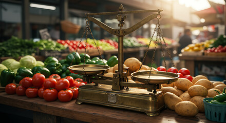 Vintage brass balance scale amidst a vibrant display of fresh farm vegetables at a sunlit local market stall