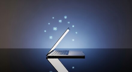 Sleek silver laptop half-open on black glass desk, minimal gradient background, professional tech photography with floating holographic icons for modern digital branding