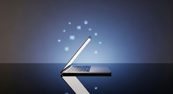 Sleek silver laptop half-open on black glass desk, minimal gradient background, professional tech photography with floating holographic icons for modern digital branding