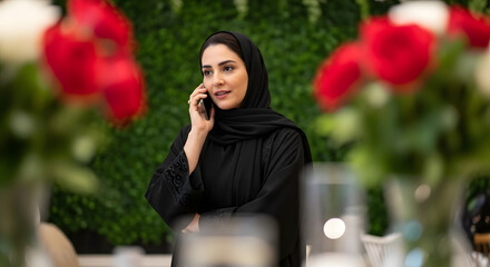 An Emirati businesswoman in a black abaya speaks on her phone, surrounded by red roses.